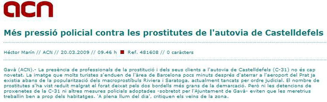 Notcia publicada a l'ACN sobre la situaci de la prostituci a l'autovia de Castelldefels (C-31) (20 de mar de 2009)